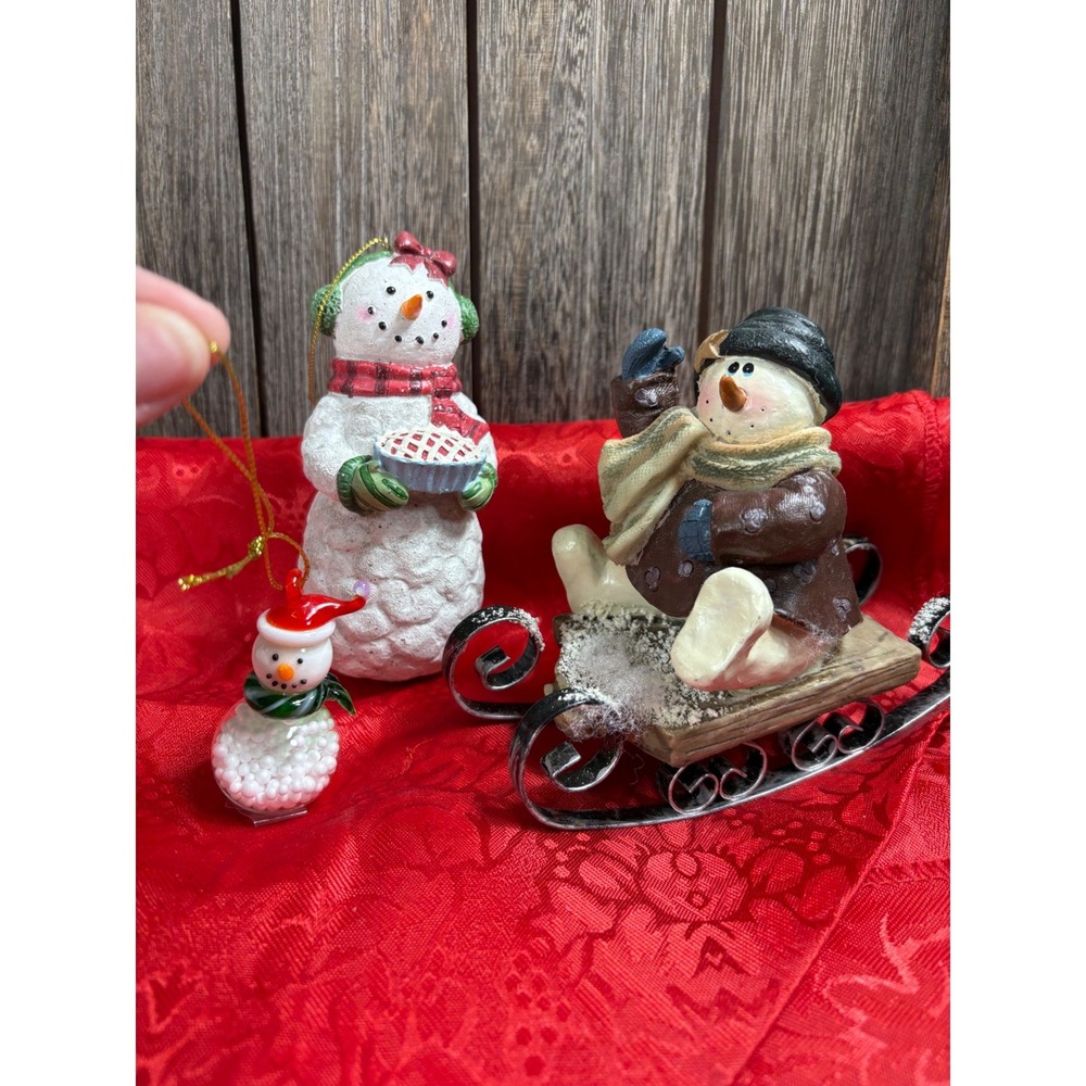 Snowman Set‎ of 3 Figurines Resin with Cherry Pie, Glass & Sledding Vintage